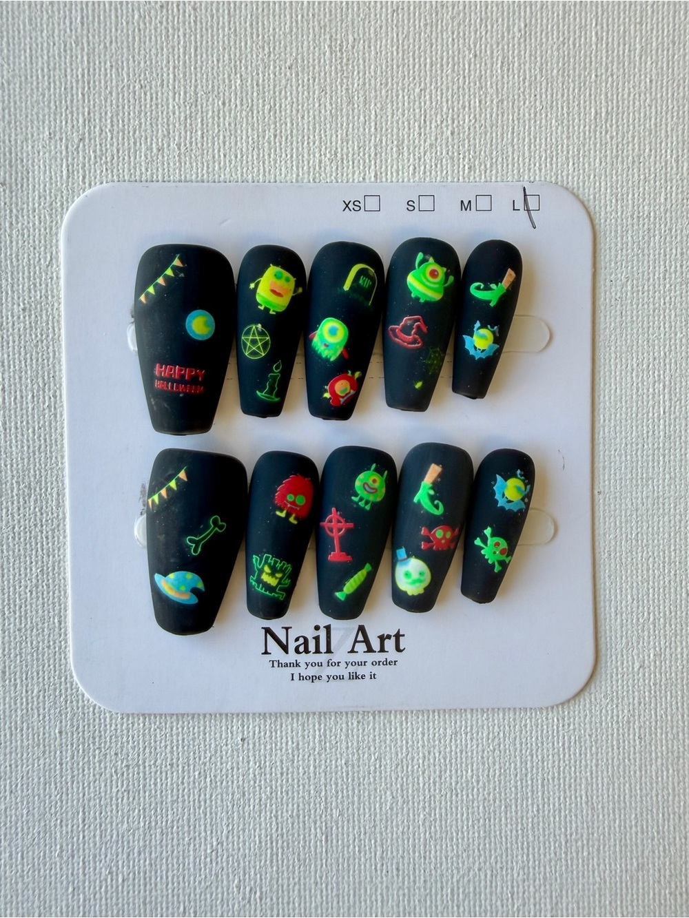 NEW Matte Black Press-On Nails with Neon Halloween Icons👻🖤